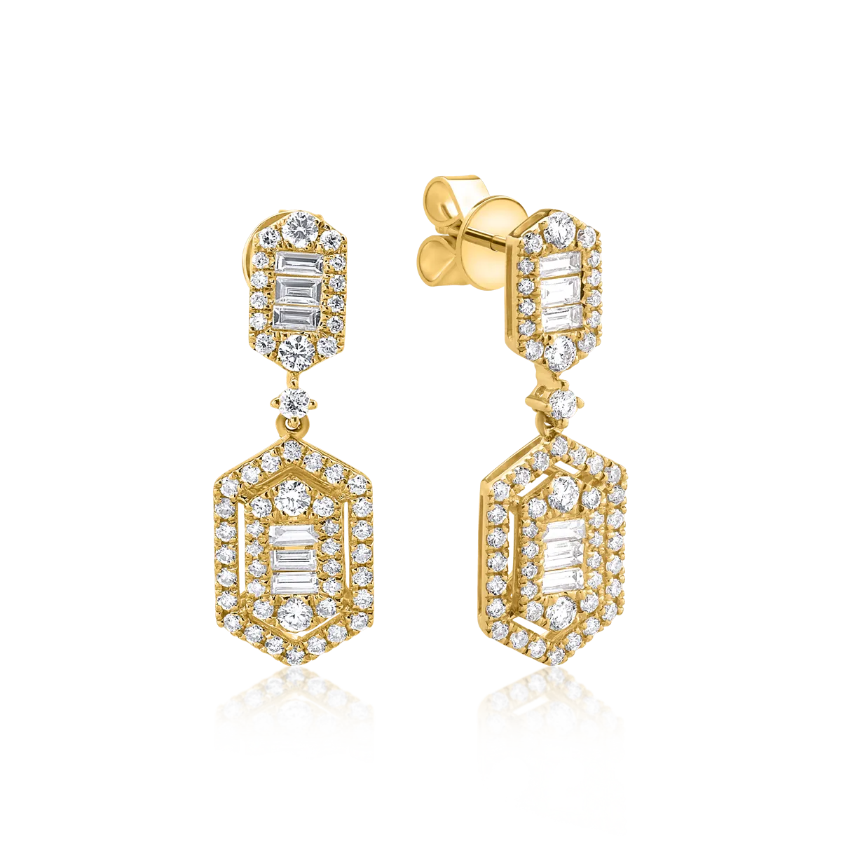 Cercei din aur galben cu diamante baguette si rotunde de 1.2ct