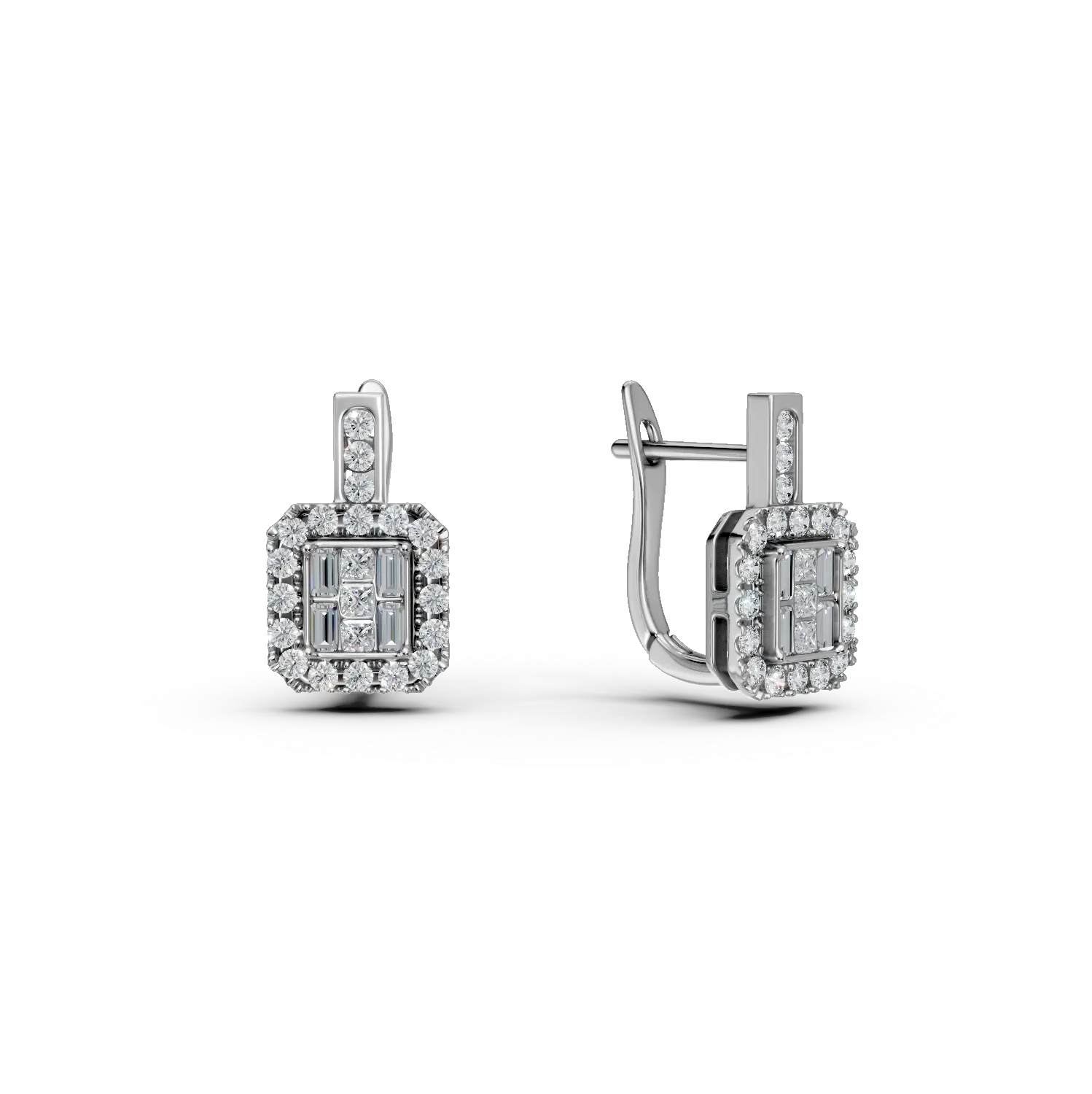 Cercei din aur alb cu diamante princess,baguette si rotunde de 0.74ct