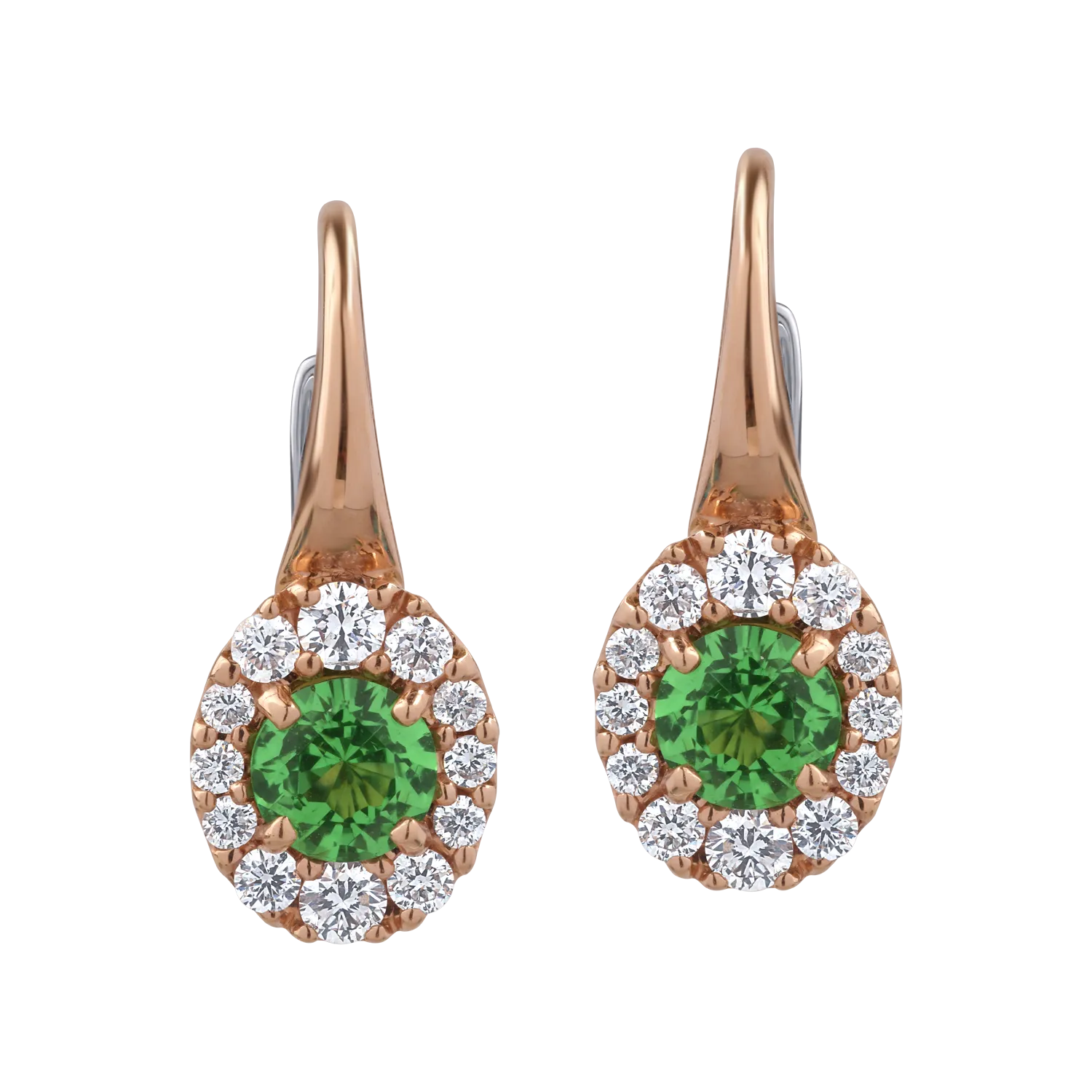 Cercei din aur roz de 18K cu tsavorite de 0.8ct si diamante de 0.36ct