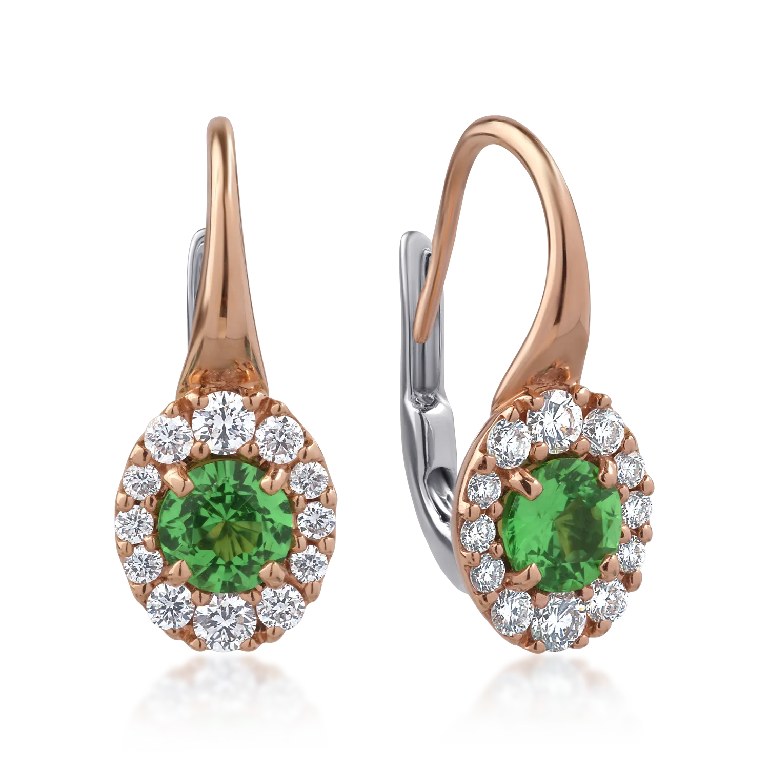 Cercei din aur roz de 18K cu tsavorite de 0.8ct si diamante de 0.36ct