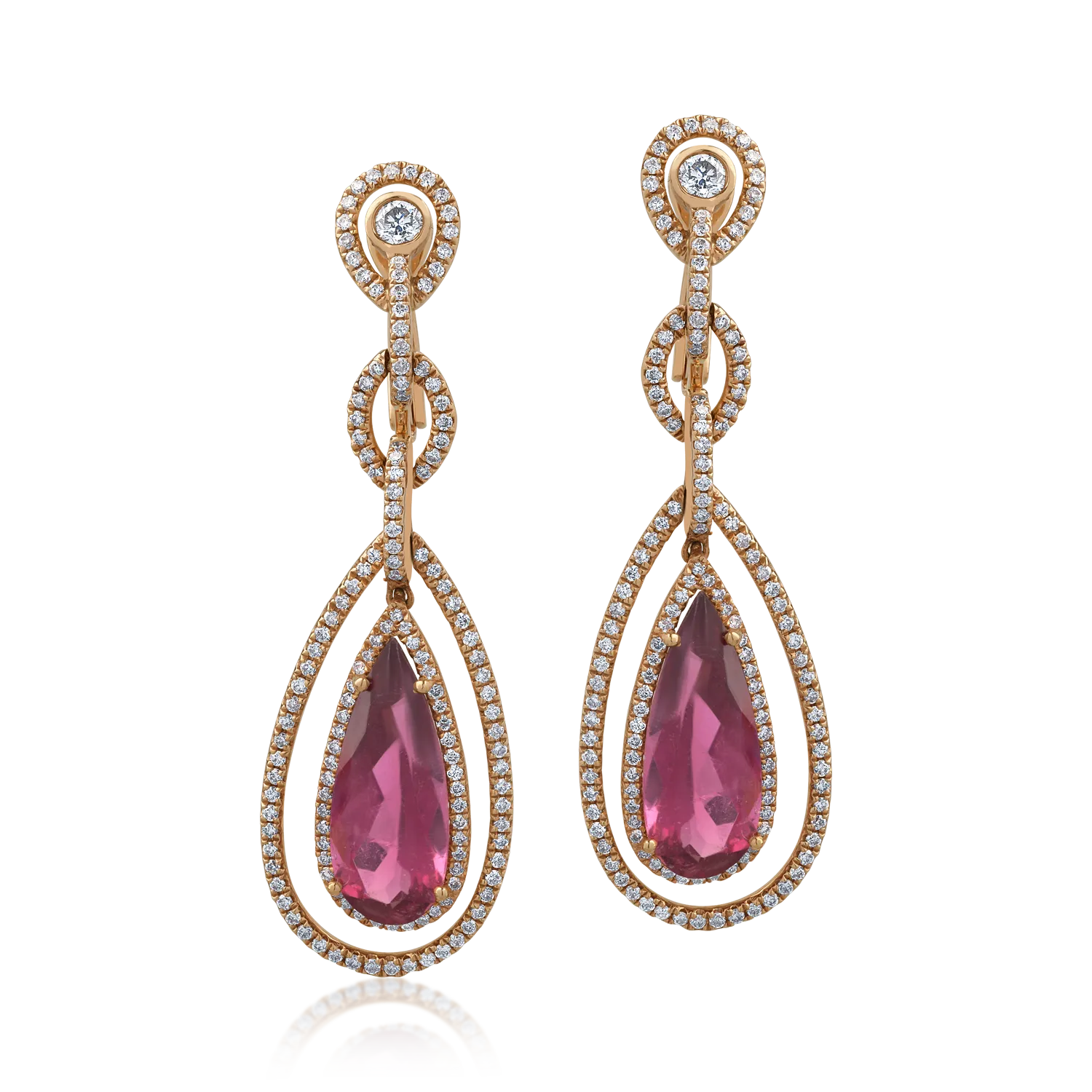 18K rózsaszín arany fülbevaló 6.7ct rózsaszín turmalinokkal és 1.27ct gyémántokkal