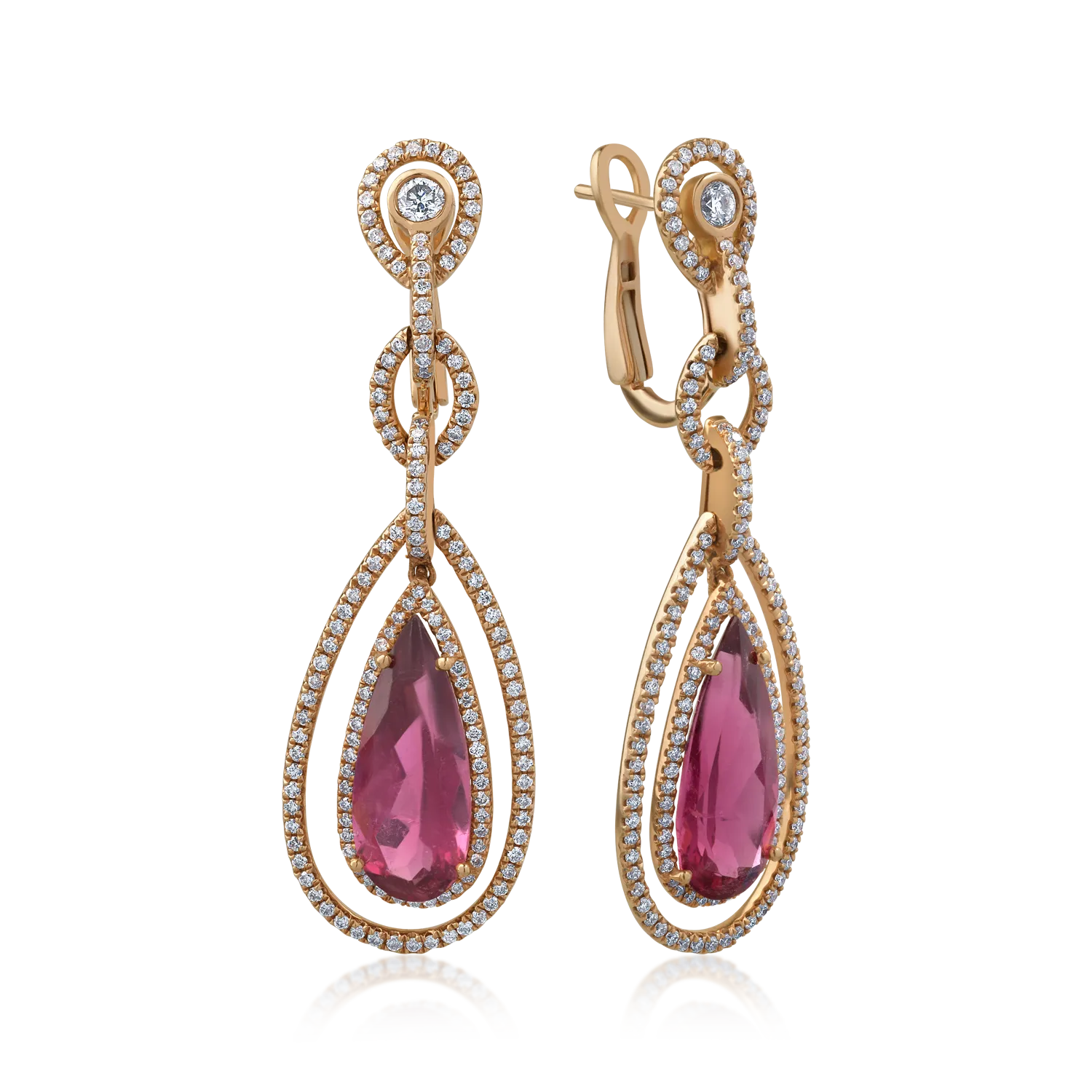Teilor Cercei din aur roz cu turmaline roz pear de 6.7ct si diamante round de 1.27ct