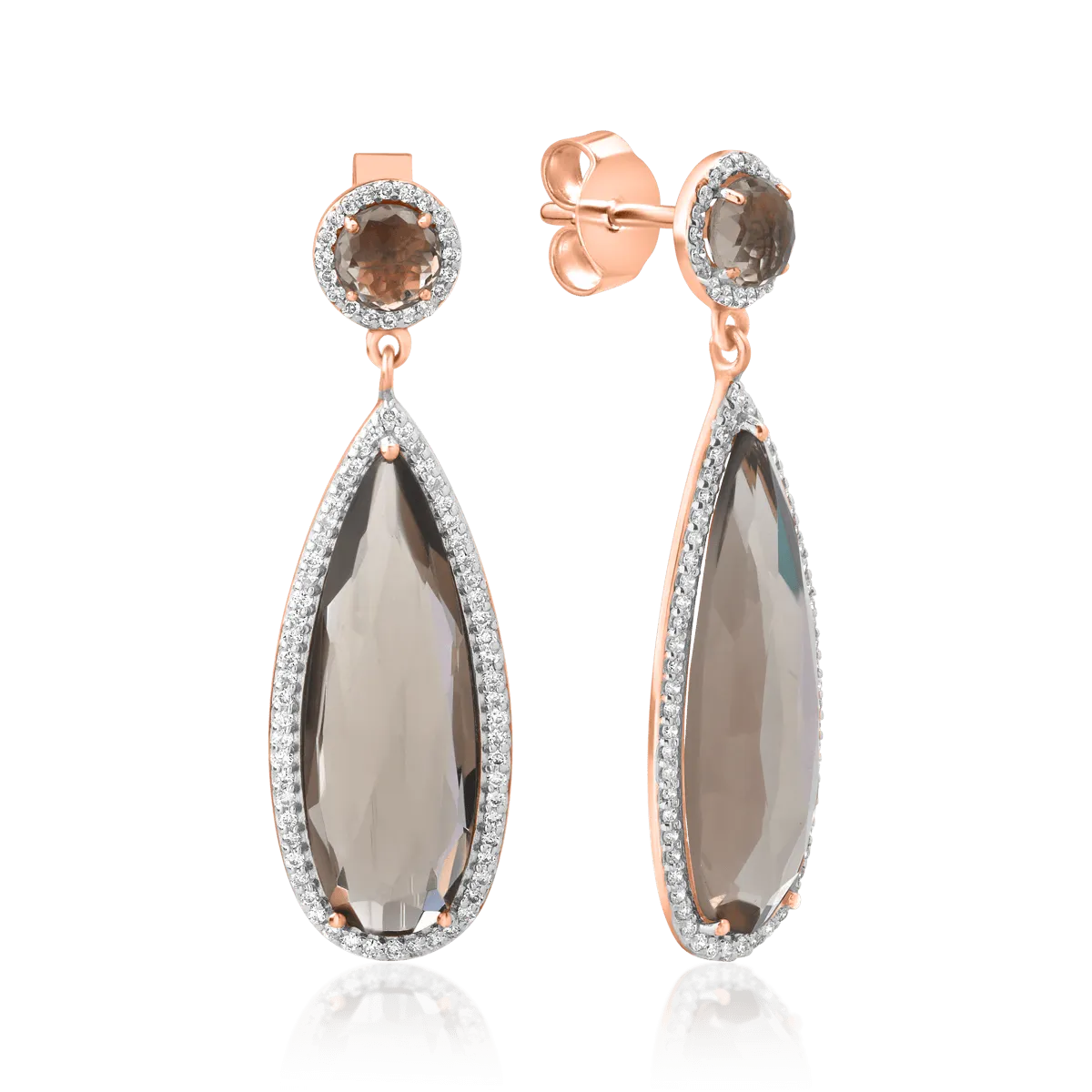 Cercei din aur roz cu quartz fumurii de 12.38ct si diamante de 0.585ct