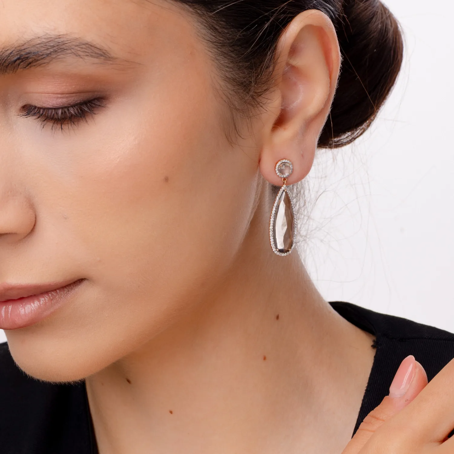 Kolczyki z 14K różowego złota, dymny kwarc 12.38kr i diamenty 0.585kr