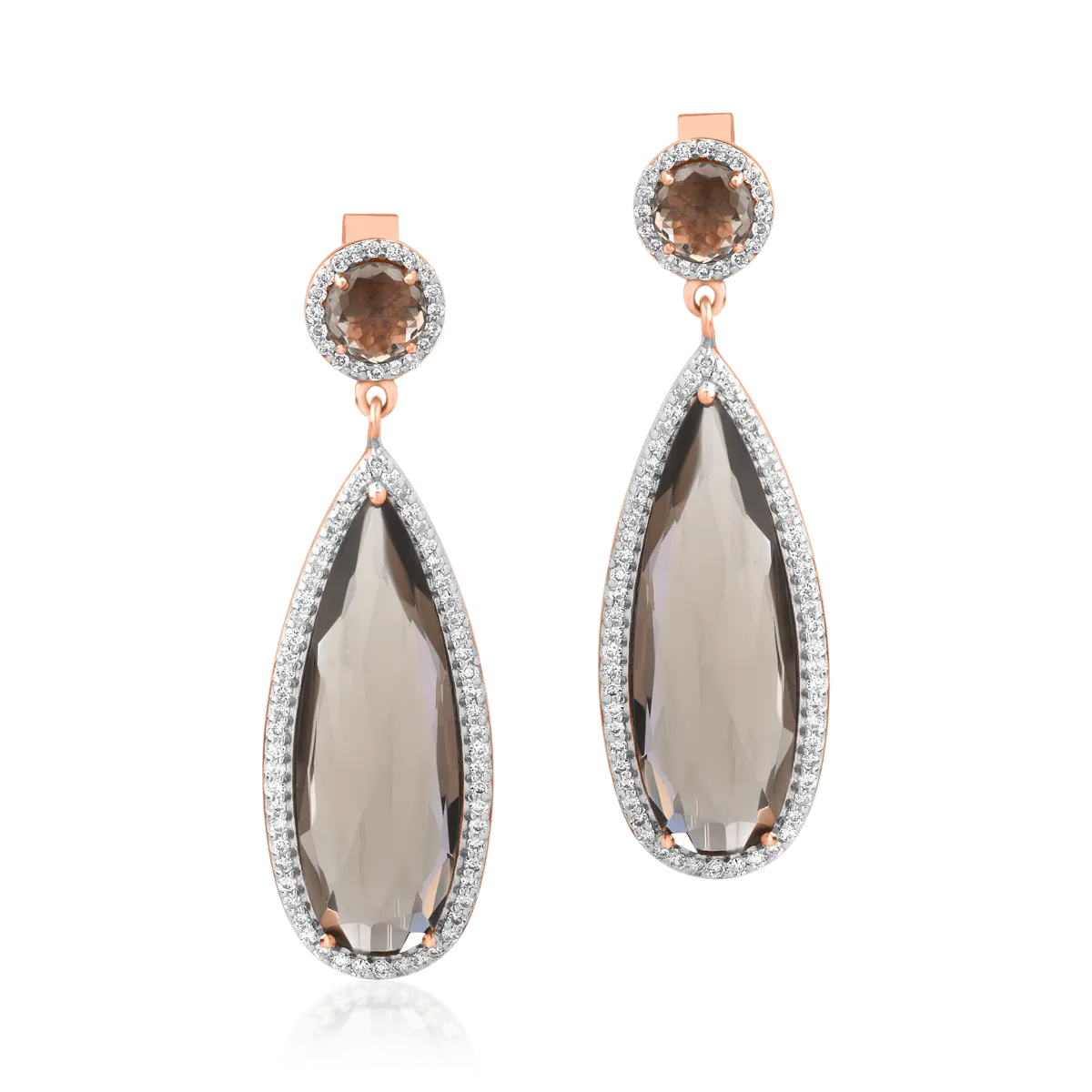 14K rose gold earrings with 12.38ct smoky quartz and 0.585ct diamonds