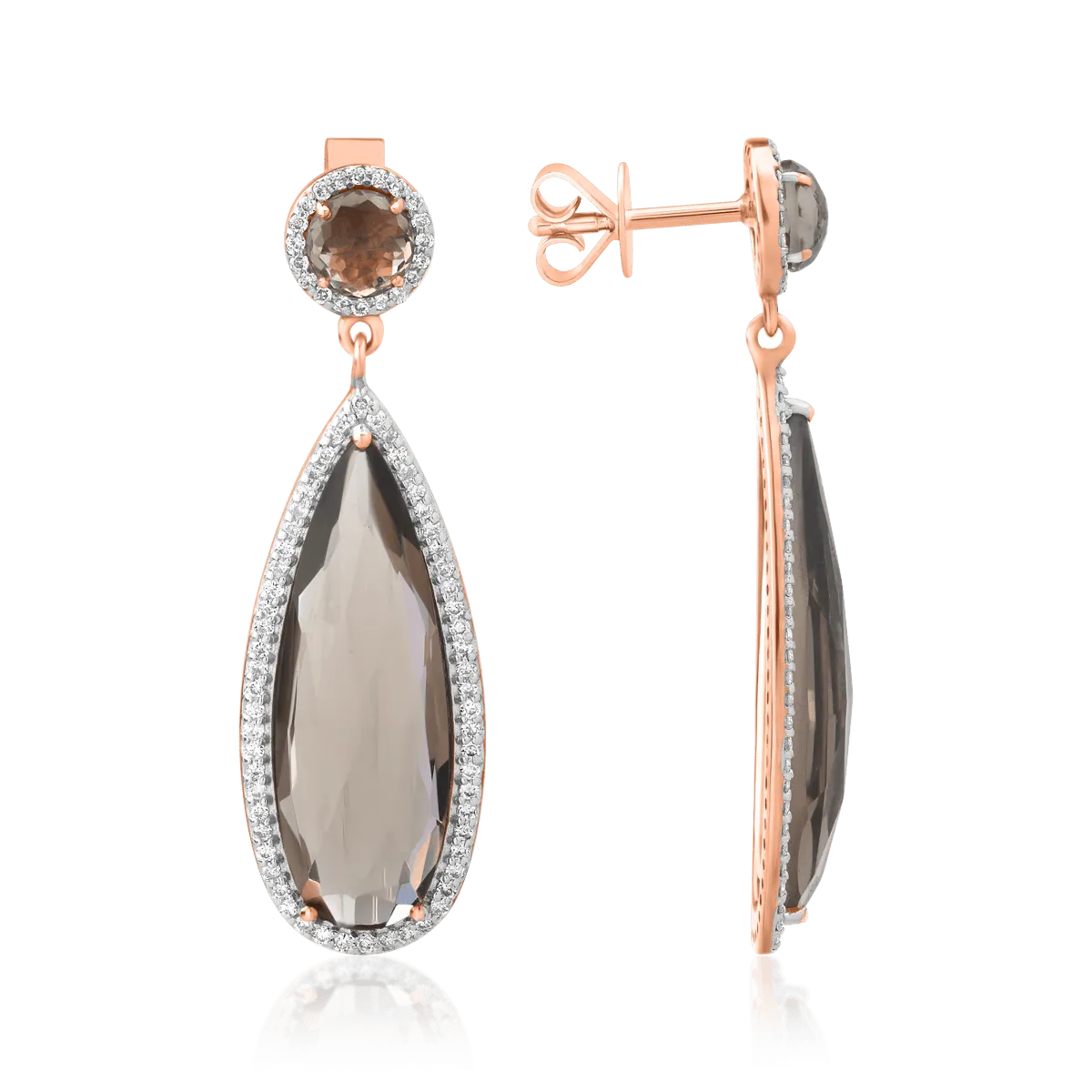 14K rose gold earrings with 12.38ct smoky quartz and 0.585ct diamonds