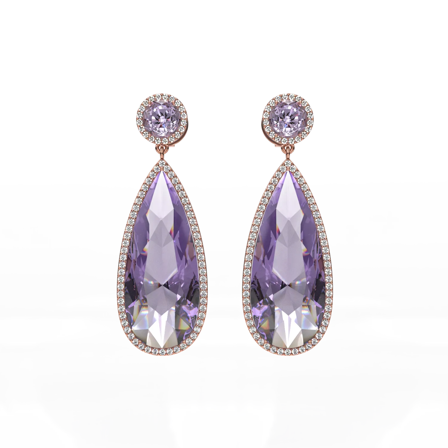 14K rose gold earrings with amethysts of 13.85ct and diamonds of 0.571ct.