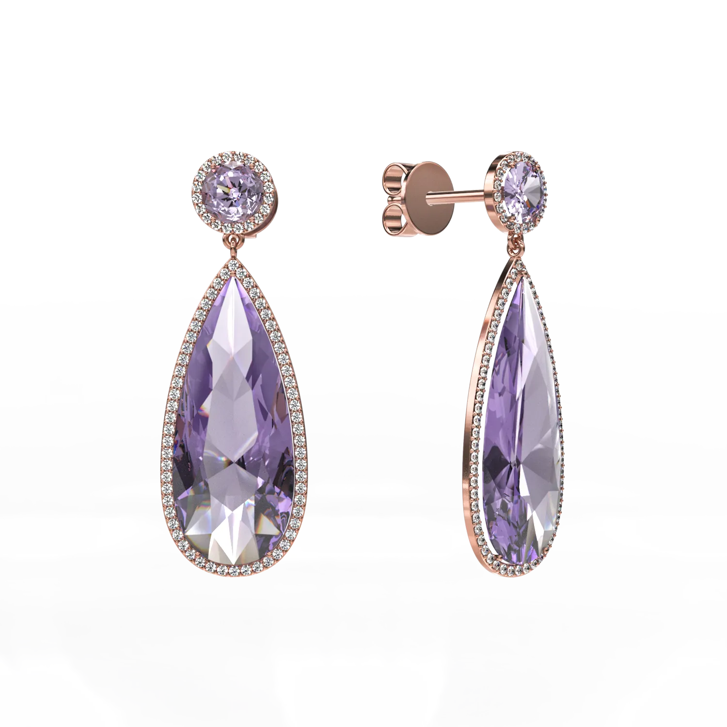 14K rose gold earrings with amethysts of 13.85ct and diamonds of 0.571ct.