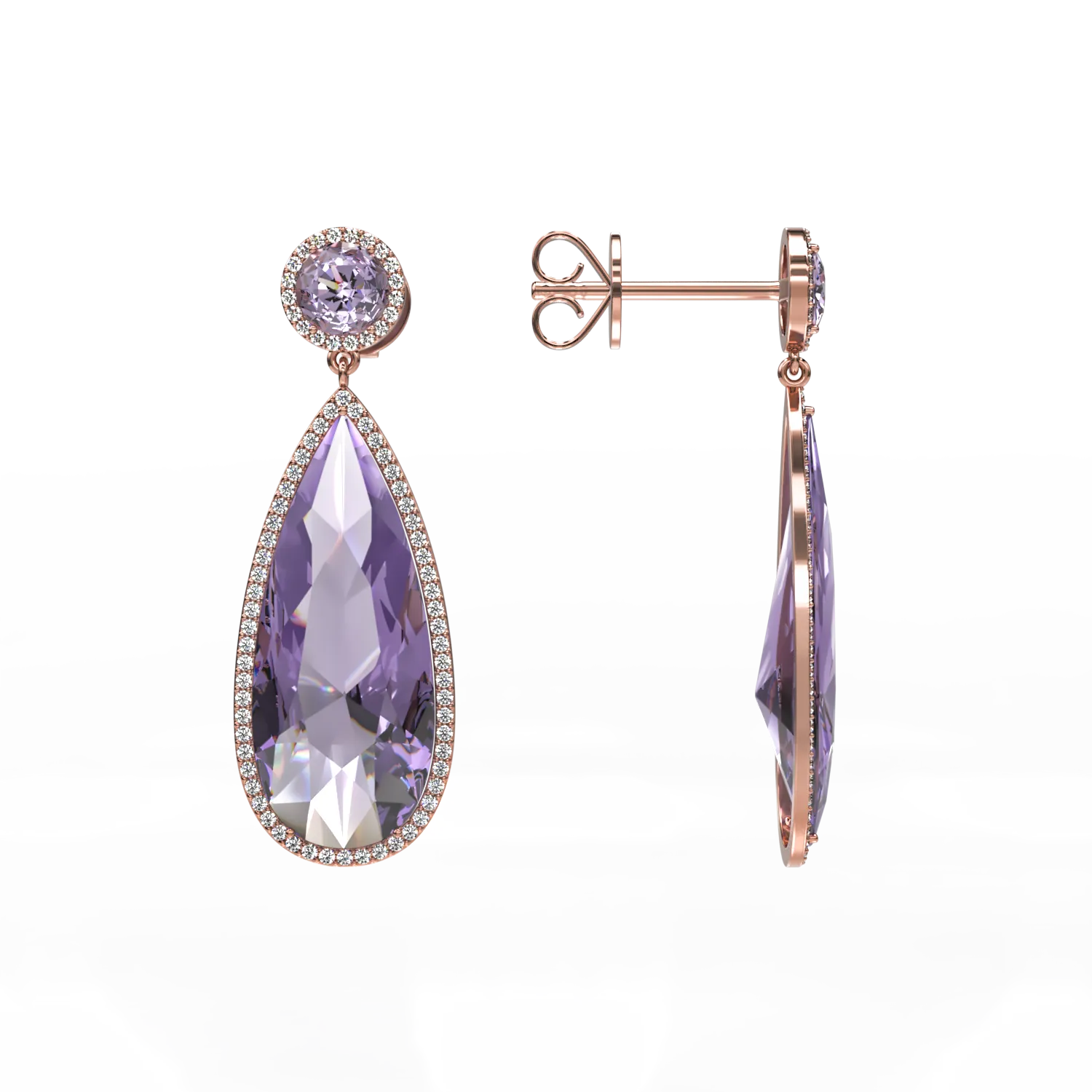 14K rose gold earrings with amethysts of 13.85ct and diamonds of 0.571ct.