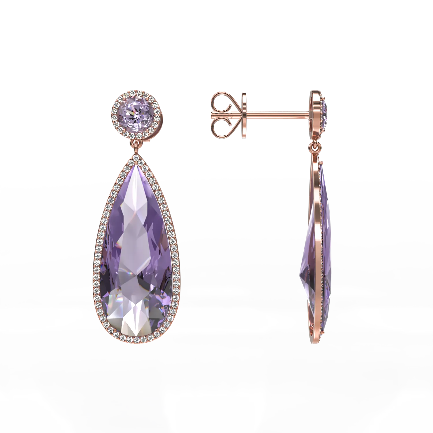 Cercei din aur roz de 14K cu ametiste de 13.85ct si diamante de 0.571ct