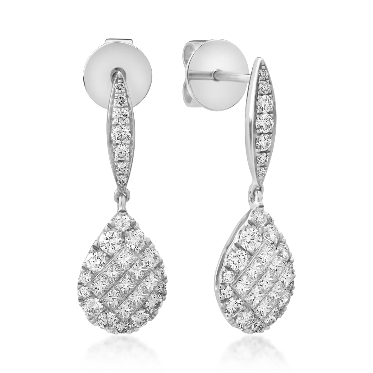 Cercei din aur alb cu diamante princess si rotunde de 1.24ct