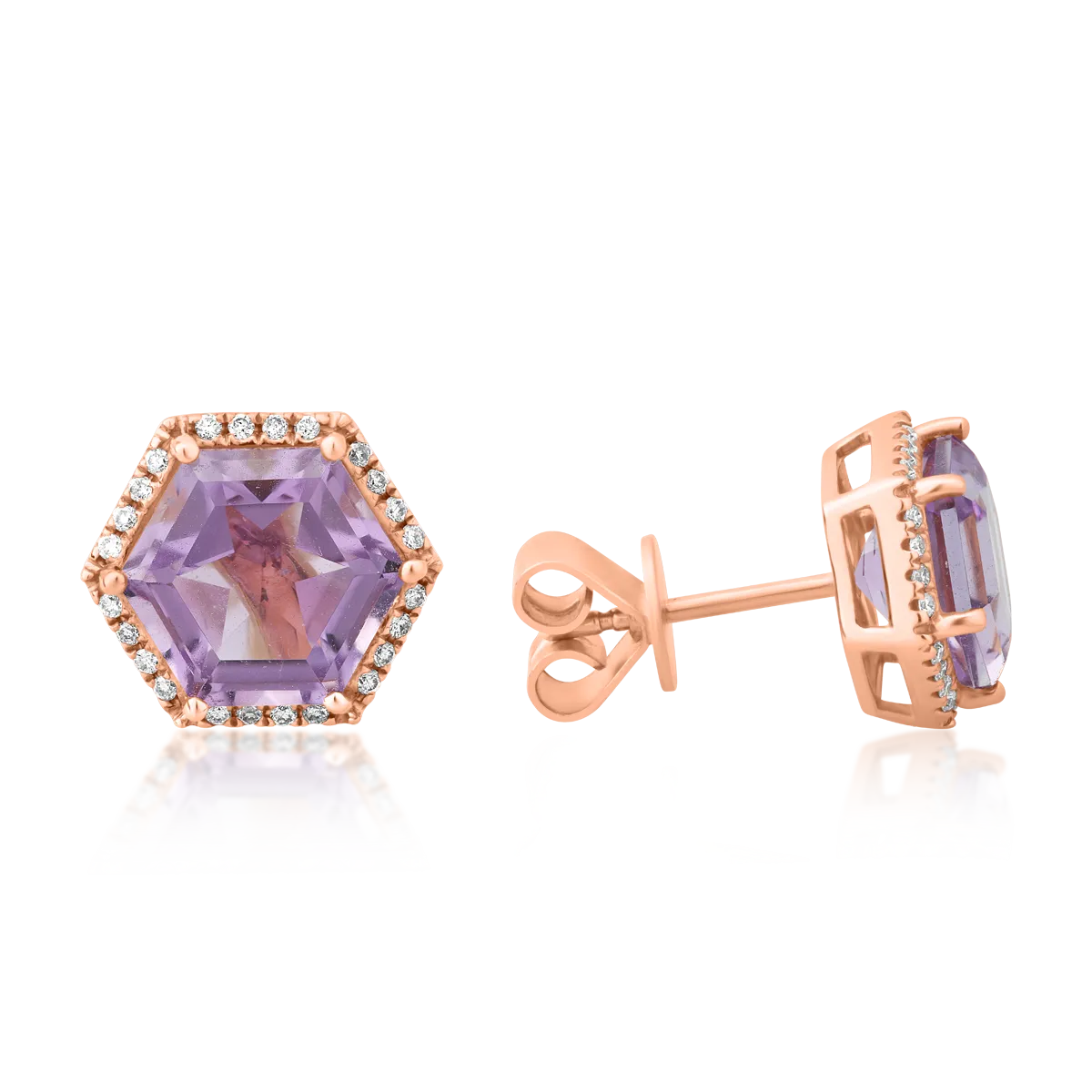 Cercei din aur roz cu ametist hexagonal de 4.27ct si diamant de 0.13ct