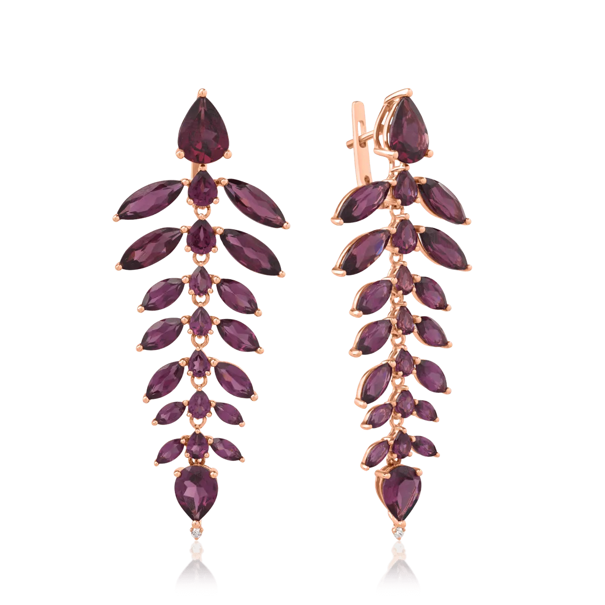 Cercei din aur roz de 14K cu rodolite de 25.96ct si diamante de 0.03ct