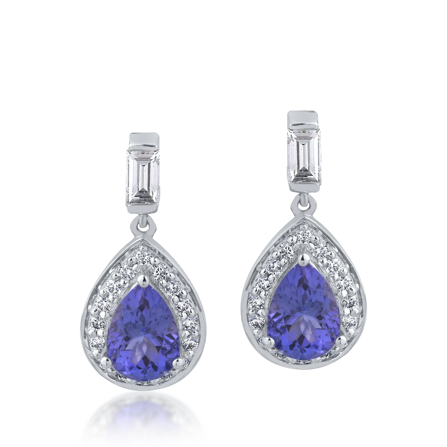 Teilor Cercei din aur alb cu tanzanite ovale de 1.592ct si diamante baguette si rotunde de 0.413ct