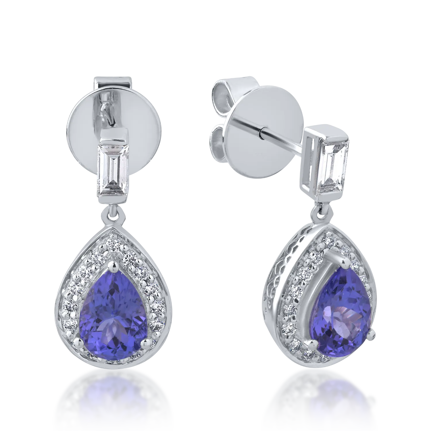 Teilor Cercei din aur alb cu tanzanite ovale de 1.592ct si diamante baguette si rotunde de 0.413ct