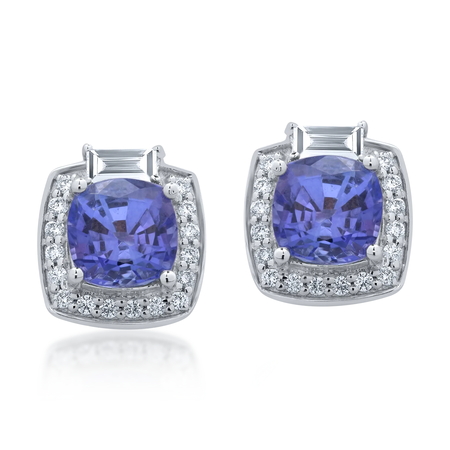 Teilor Cercei din aur alb cu tanzanite cushion de 2.2ct si diamante baguette si rotunde de 0.367ct