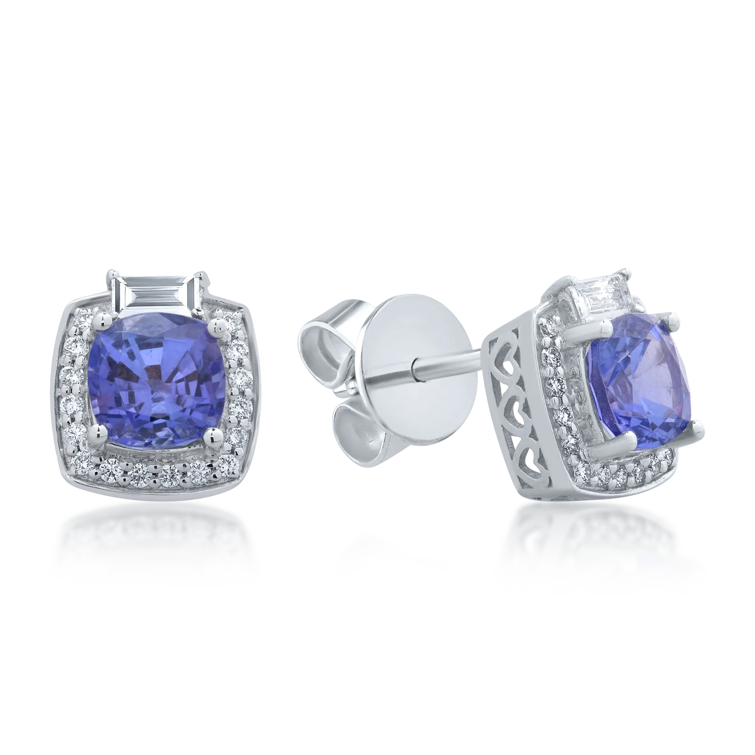 Cercei din aur alb cu tanzanite cushion de 2.2ct si diamante baguette si rotunde de 0.367ct