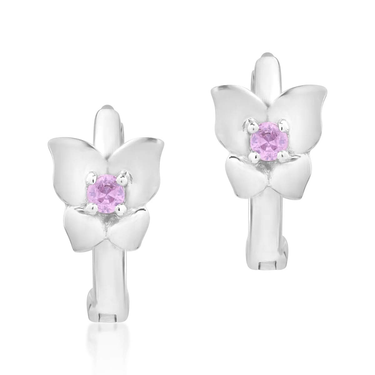 Cercei pentru copii din aur alb de 14K cu safire roz de 0.078ct
