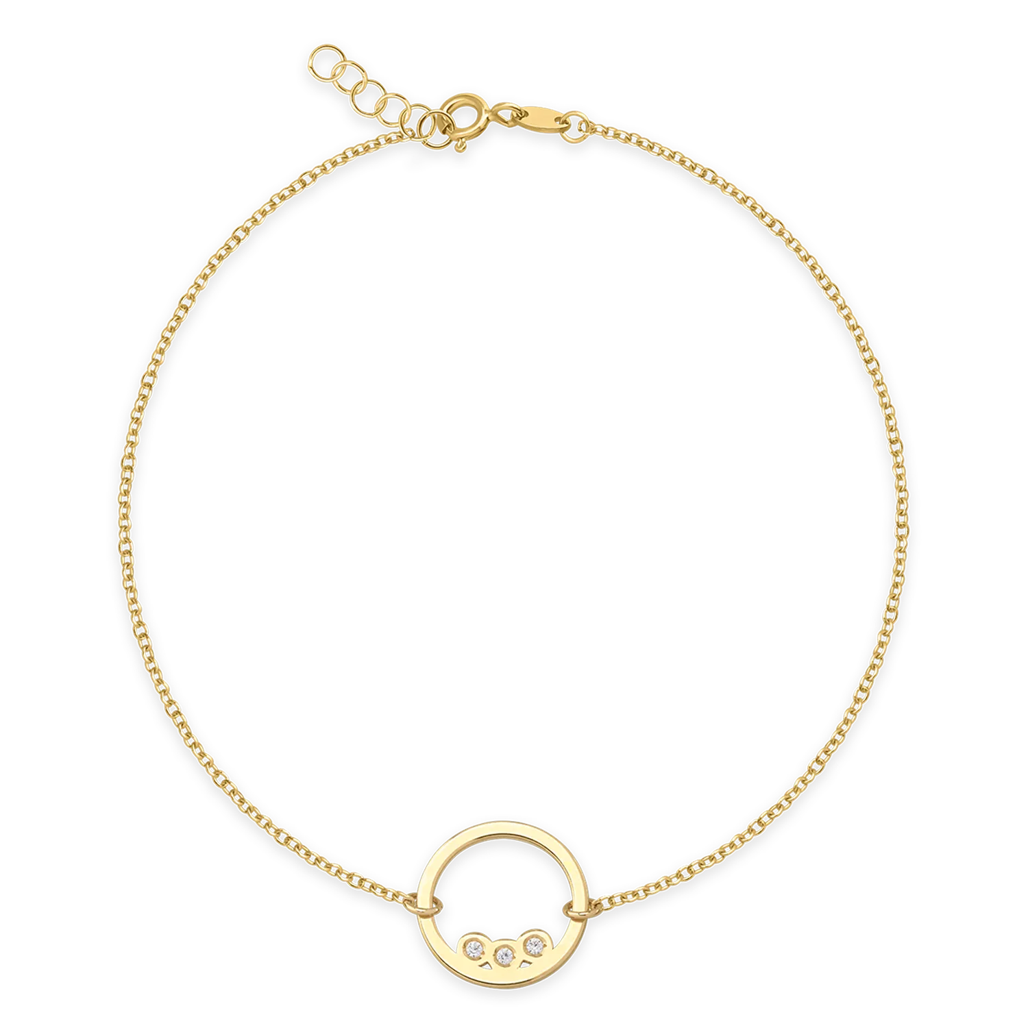 Yellow gold circle pendant bracelet with zirconia