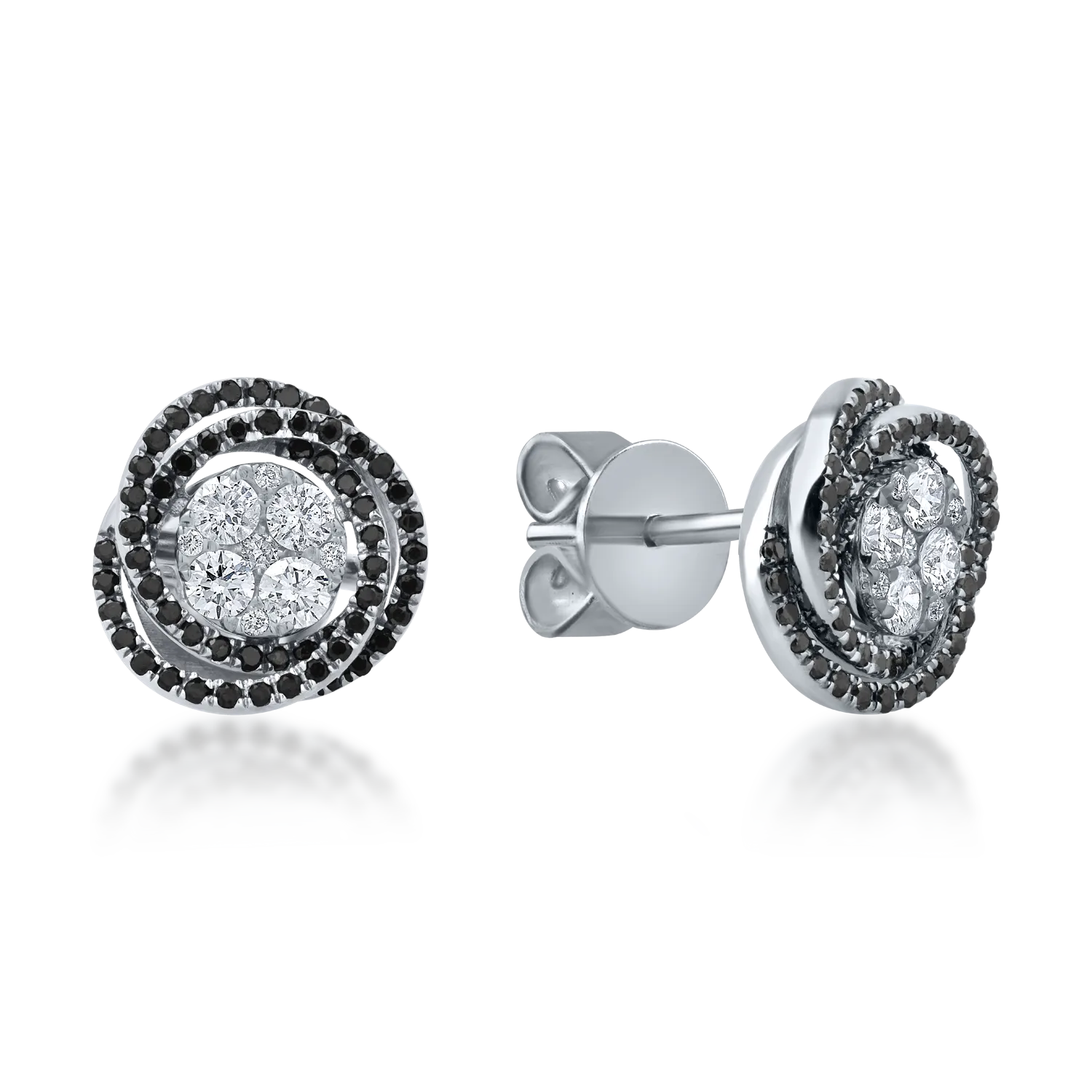 Cercei rotunzi din aur alb cu diamante incolore si negre de 0.62ct