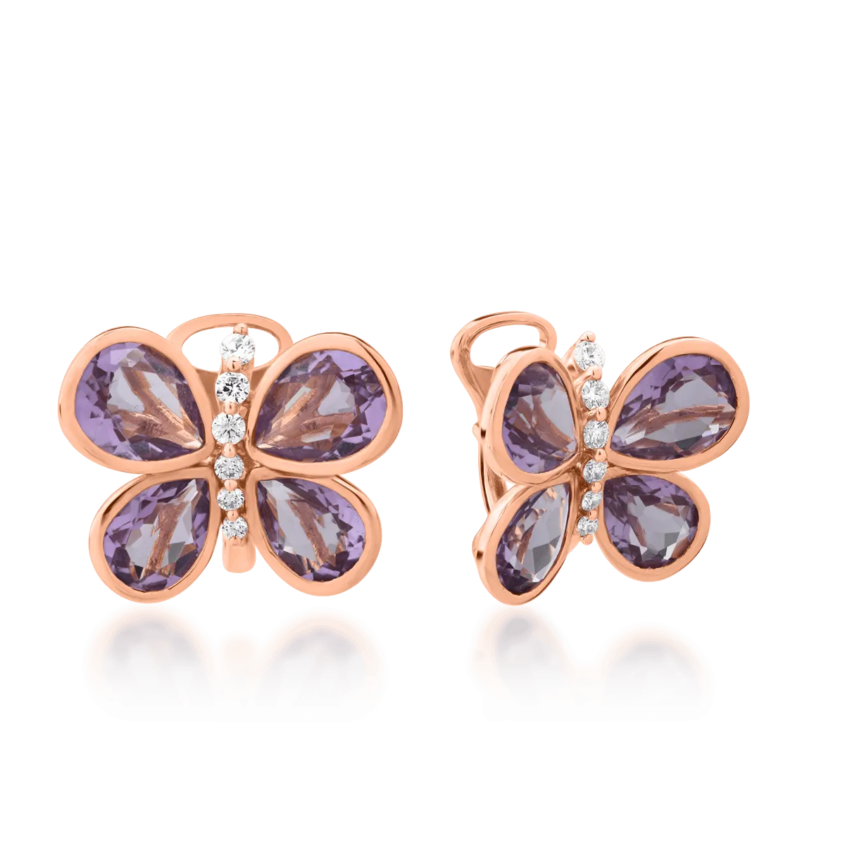 Cercei fluturi din aur roz cu ametiste pear de 7.93ct si diamante de 0.296ct