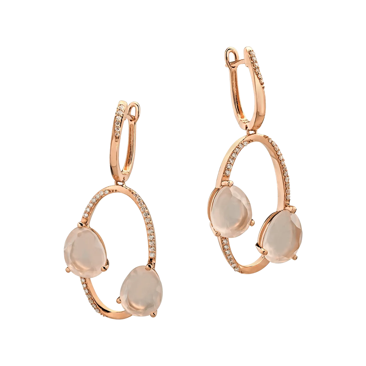 Kolczyki z 18K różowego złota, różowe kwarc 7.655kr i diamenty 0.277kr