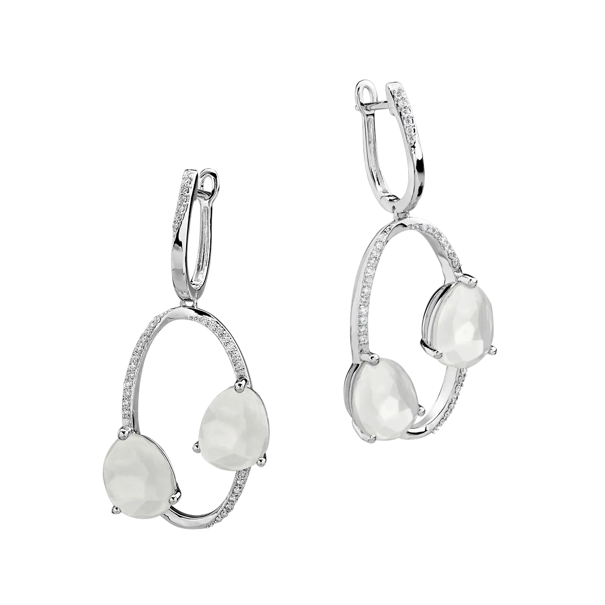Cercei din aur alb de 18K cu piatra lunii alba de 7.223ct si diamante de 0.277ct