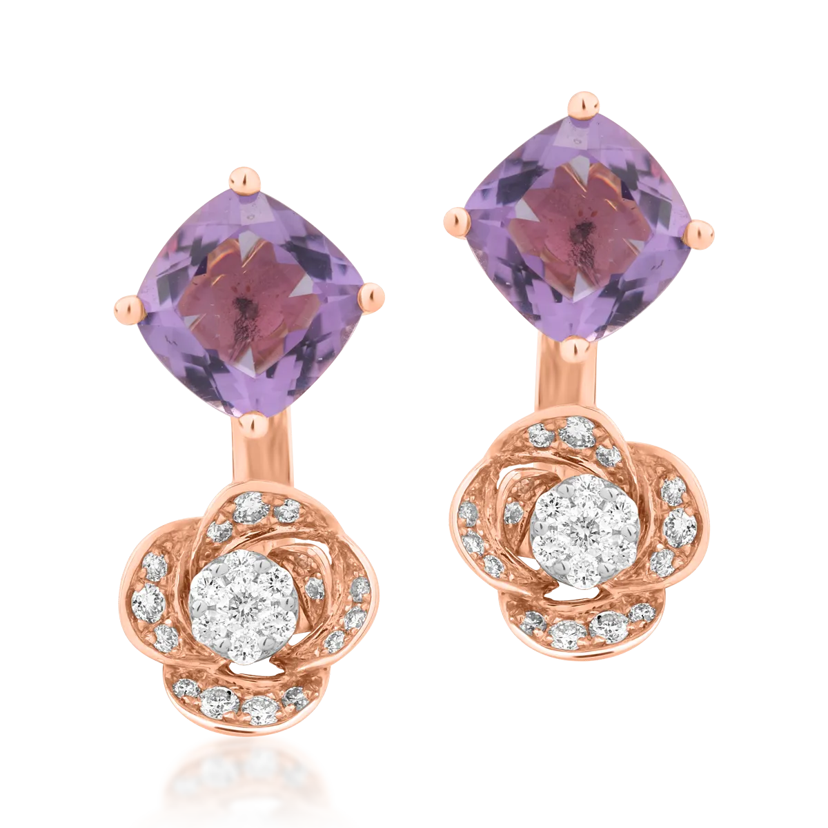 Cercei din aur roz cu ametiste de 2.2ct si diamante de 0.2ct