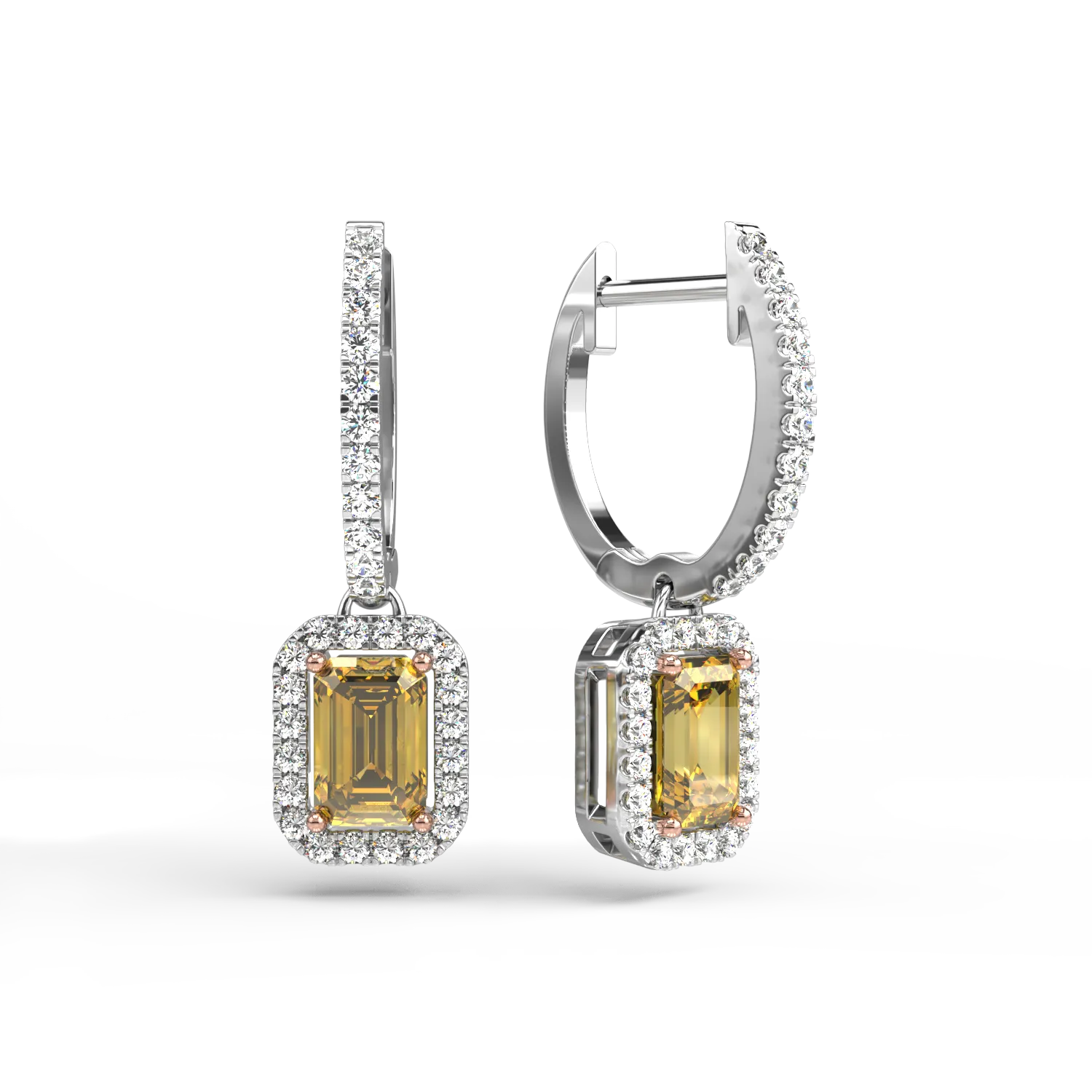 Обеци от бяло злато 18К с жълти сапфири 1.11гкт и диаманти от 0.37гкт.