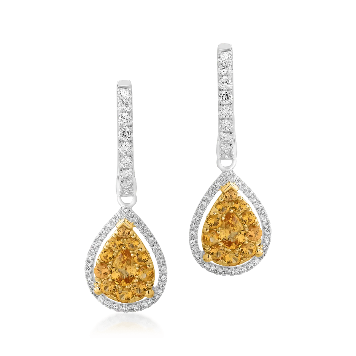 Teilor Cercei din aur alb-galben cu safire galbene pear si rotunde de 1.04ct si diamante de 0.41ct