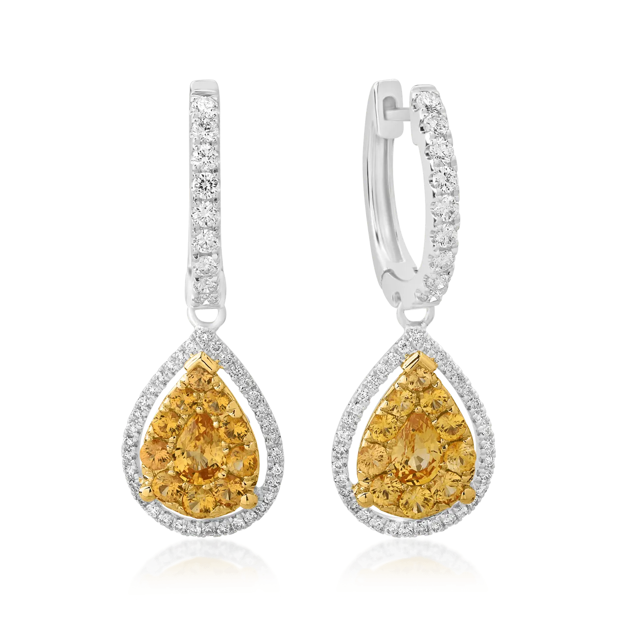 Teilor Cercei din aur alb-galben cu safire galbene pear si rotunde de 1.04ct si diamante de 0.41ct