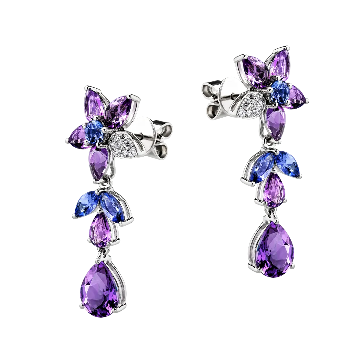 Cercei florali din aur alb cu pietre pretioase si semipretioase de 7.9ct