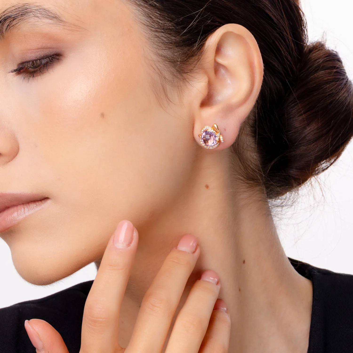 Kolczyki z 18K różowego złota, różowe ametysty 6.4kr i diamenty 0.3kr