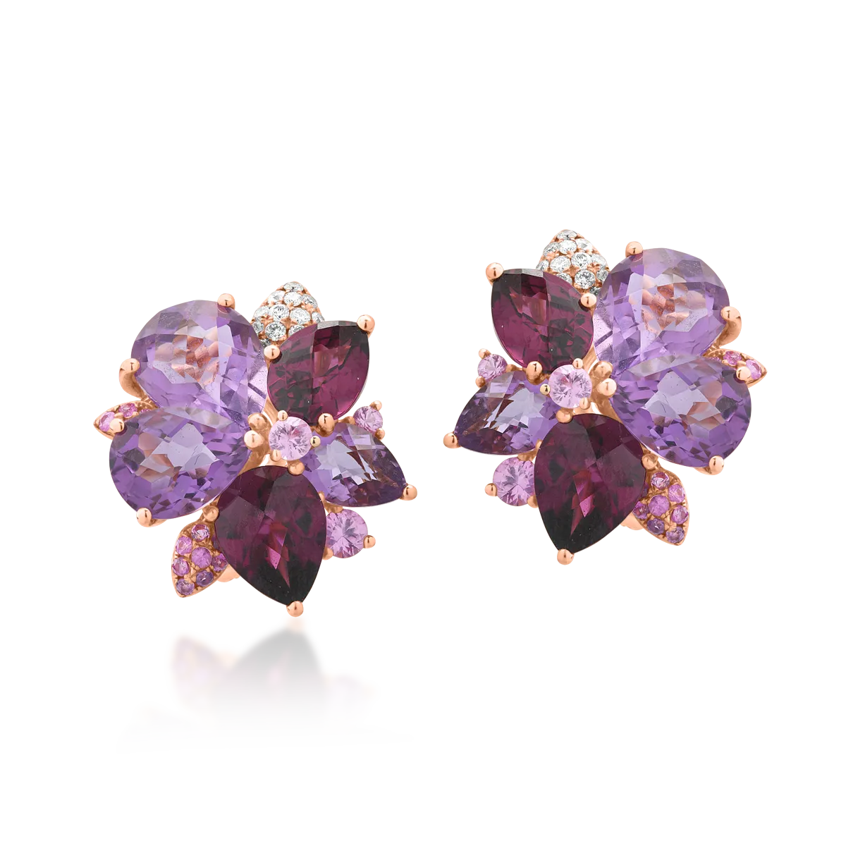 18K rose gold earrings with 9.9ct amethysts and 6.9ct rhodolites
