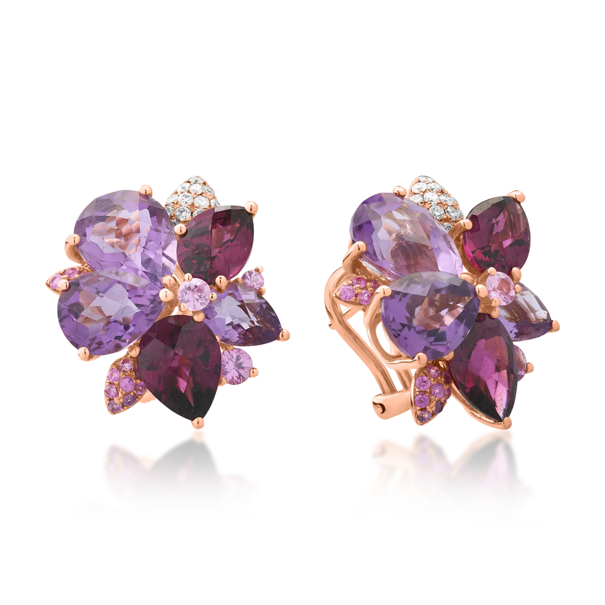 18k-os rózsaszín arany fülbevaló, 18.07ct értékes és félig drágakövekkel