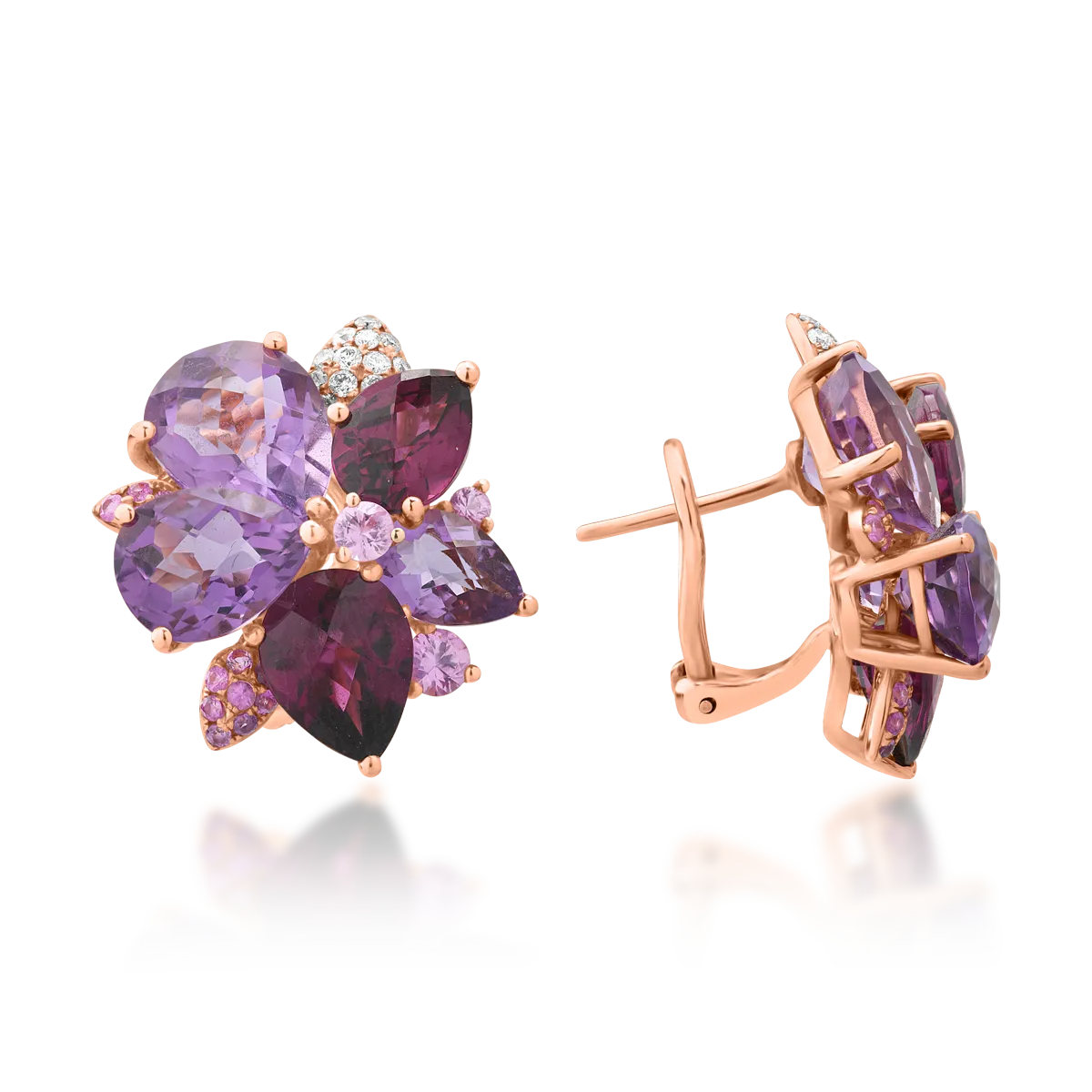 Kolczyki z 18K różowego złota, ametysty 9.9kr i rodolity 6.9kr