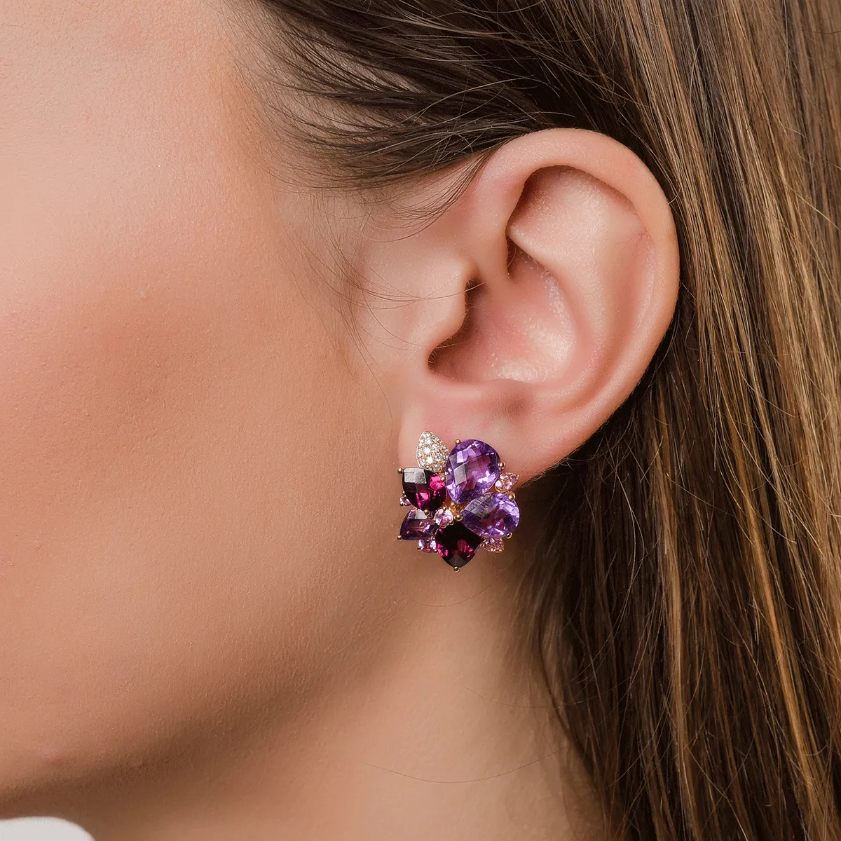 Kolczyki z 18K różowego złota, ametysty 9.9kr i rodolity 6.9kr