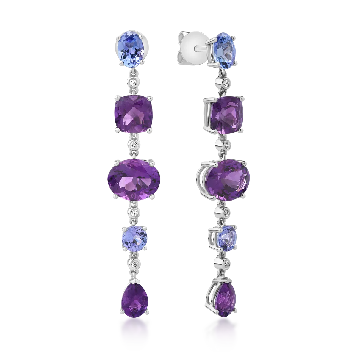 Cercei din aur alb cu ametiste ovale, pear si cushion de 8.2ct si tanzanite ovale si rotunde de1.7ct