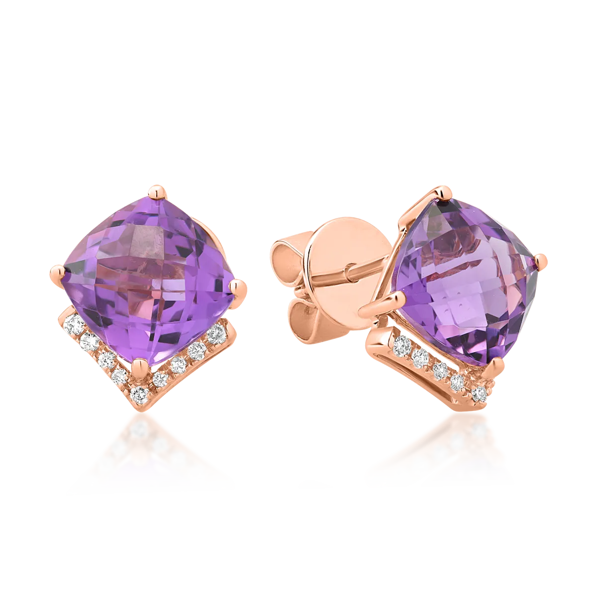 Teilor Cercei din aur roz cu ametiste cushion de 4.5ct si diamante de 0.1ct