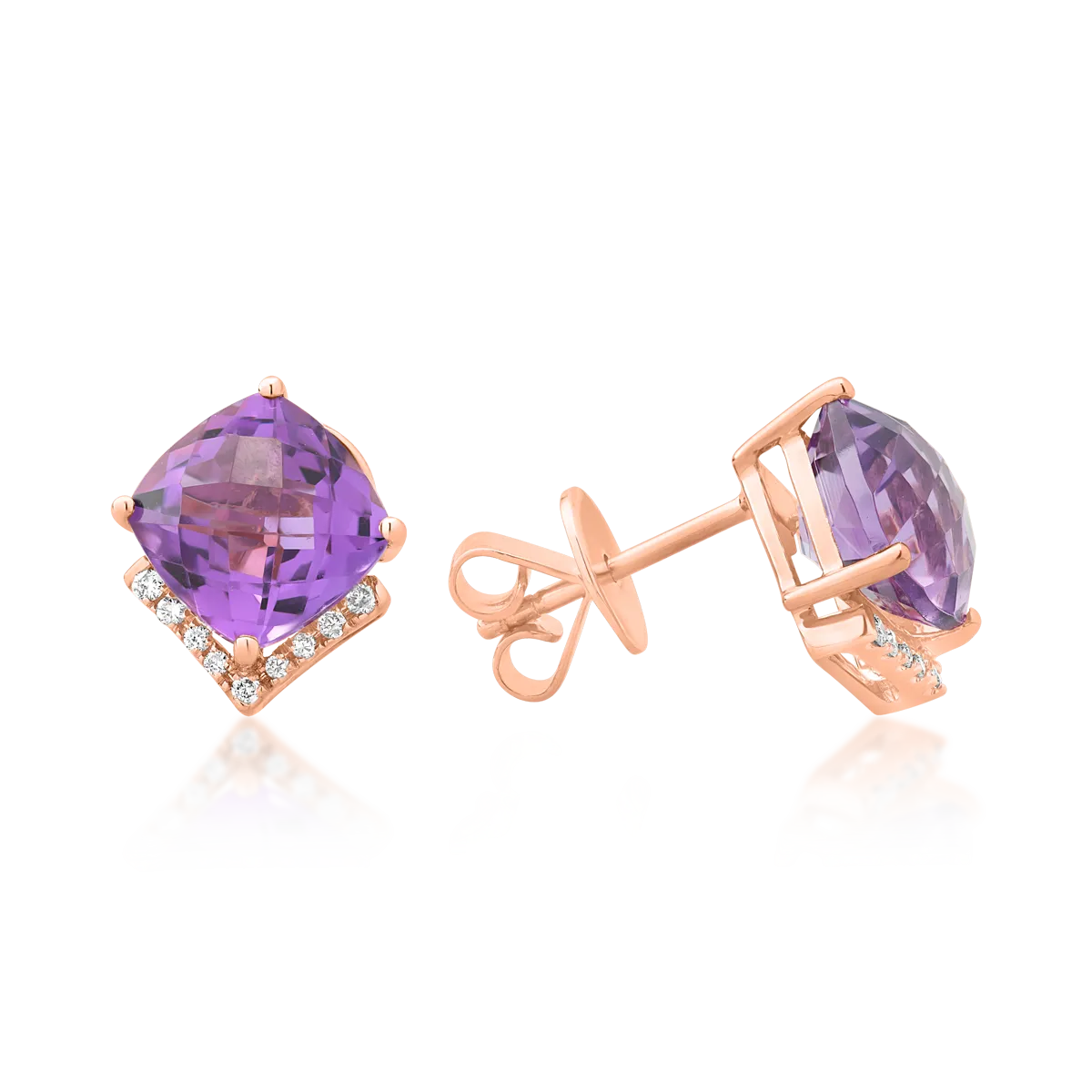 Cercei din aur roz cu ametiste cushion de 4.5ct si diamante de 0.1ct