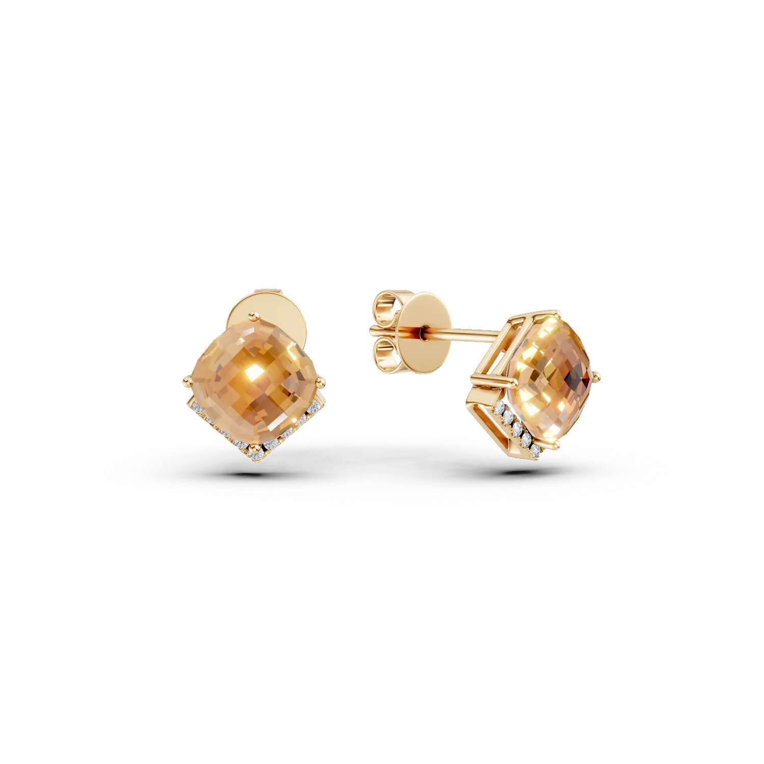 Cercei din aur galben cu citrine cushion de 5ct si diamante de 0.1ct
