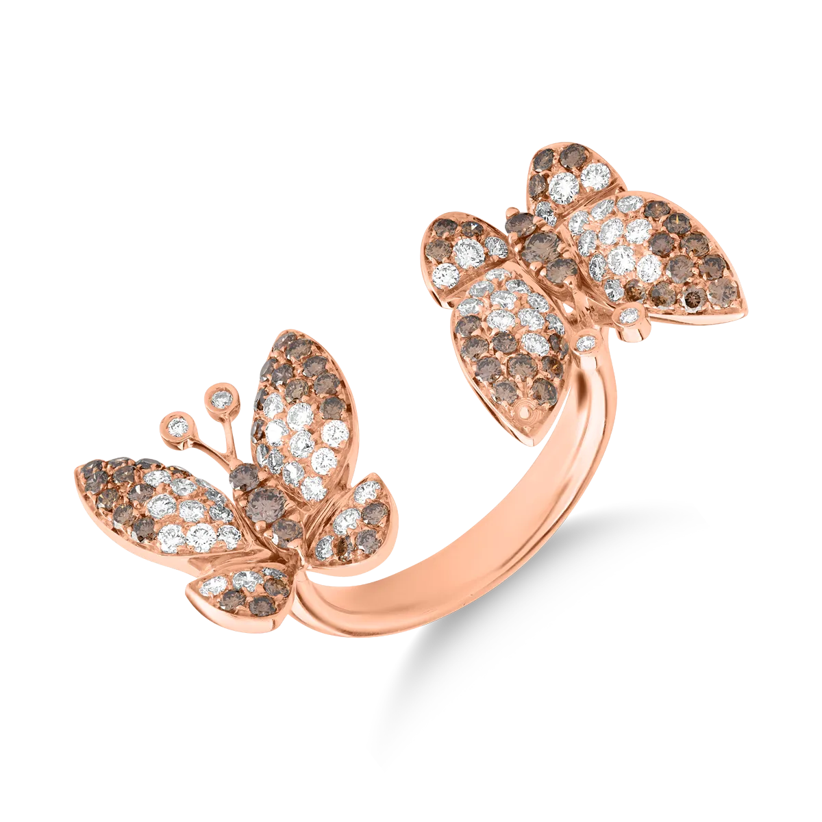 Gyűrű 18K rózsaszín arany pillangókkal 0,81 barna gyémánt és átlátszó gyémánt 0.67ct