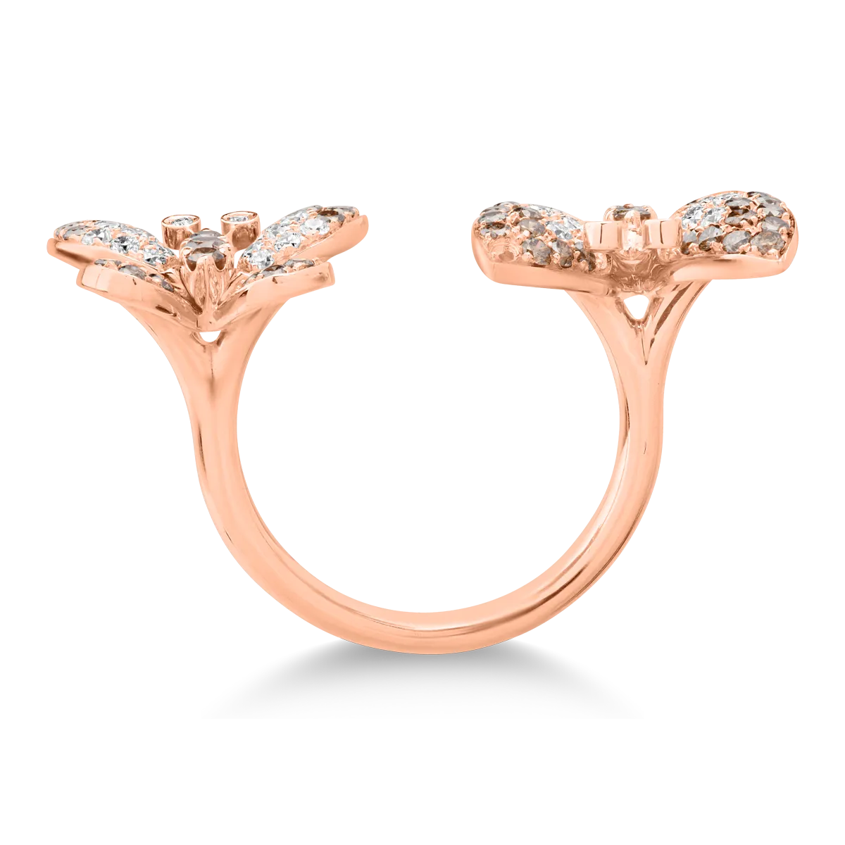 Gyűrű 18K rózsaszín arany pillangókkal 0,81 barna gyémánt és átlátszó gyémánt 0.67ct