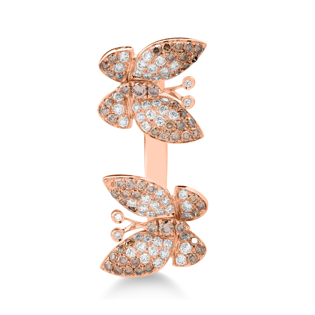 Gyűrű 18K rózsaszín arany pillangókkal 0,81 barna gyémánt és átlátszó gyémánt 0.67ct