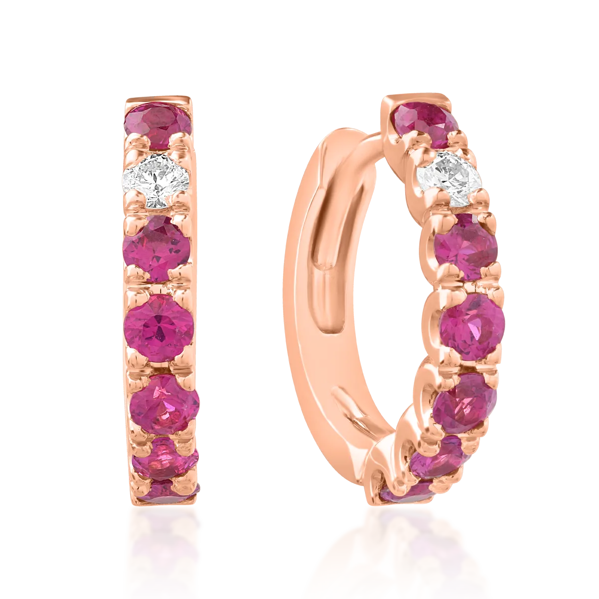 Cercei din aur roz cu rubine de 0.84ct si diamante de 0.1ct