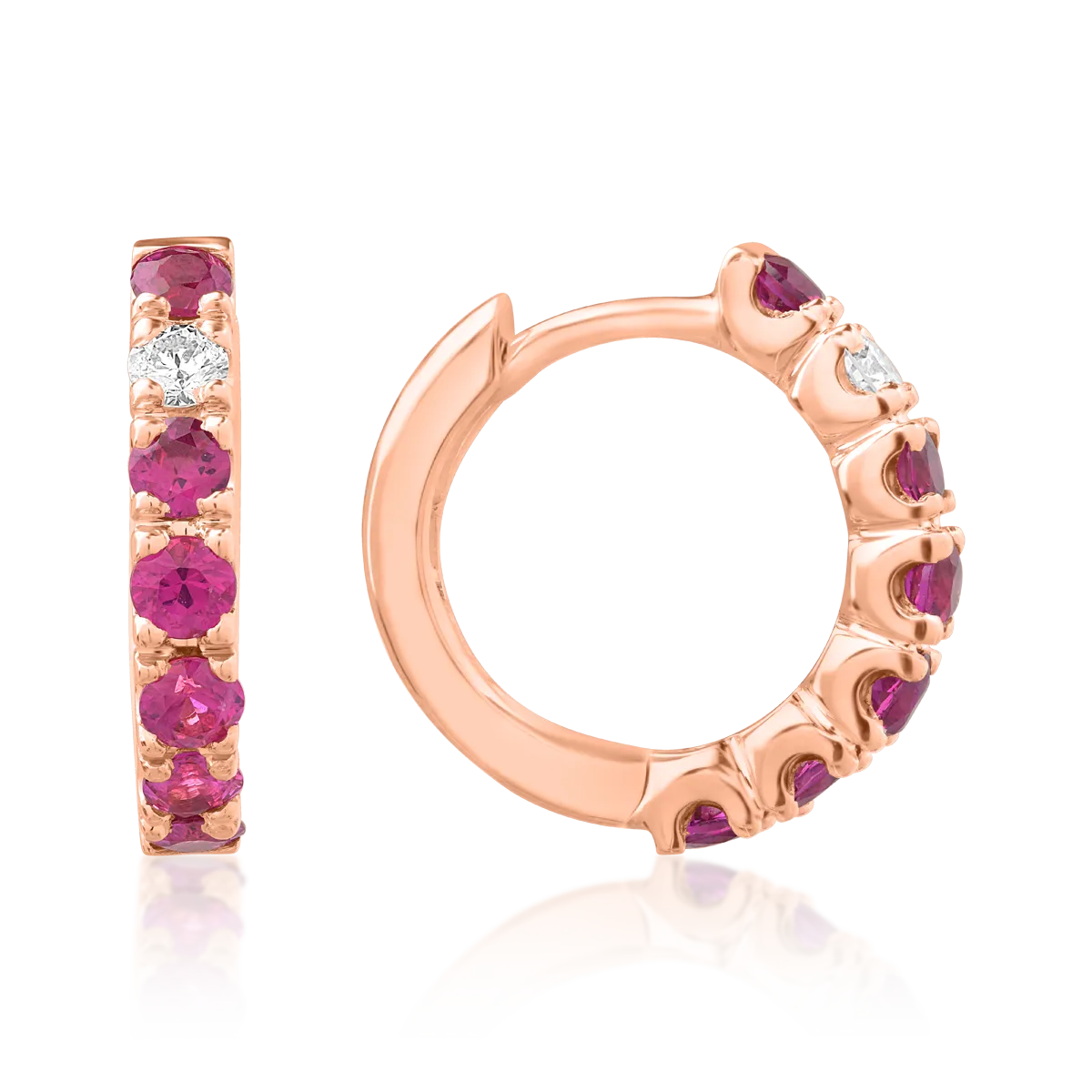 Cercei din aur roz cu rubine de 0.84ct si diamante de 0.1ct