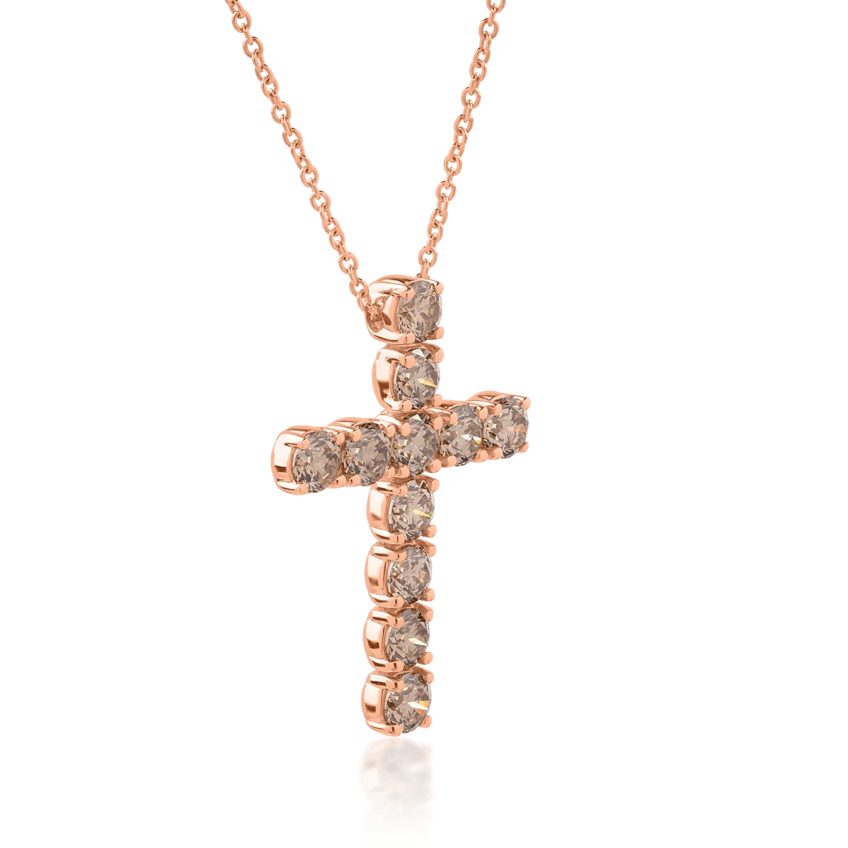 Lant cu pandantiv cruce din aur roz de 18K cu diamante maro de 2.85ct