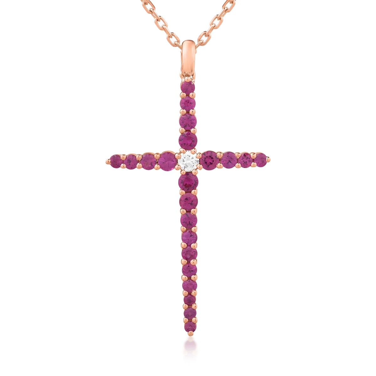 Lant cu pandantiv cruce din aur roz de 18K cu diamant de 0.09ct si rubine de 1.08ct-112188
