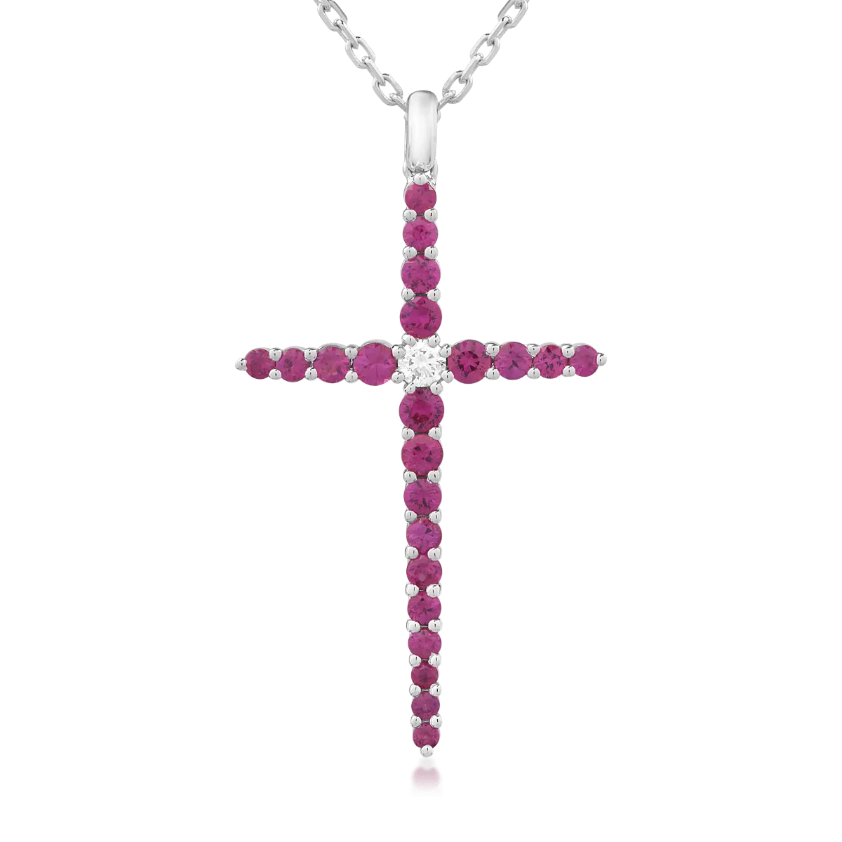 Lant cu pandantiv cruce din aur alb de 18K cu diamant de 0.09ct si rubine de 1.08ct-112189