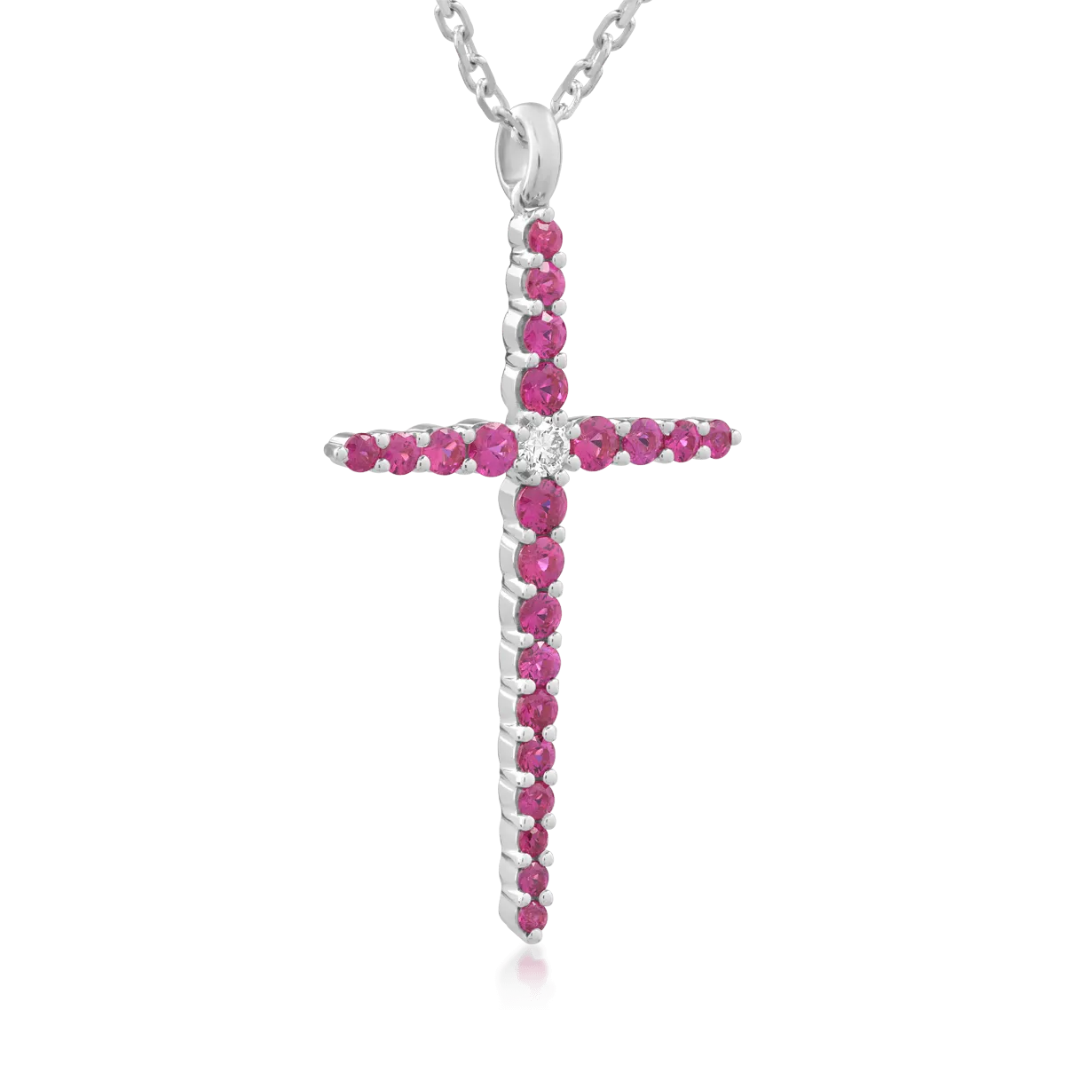 Lant cu pandantiv cruce din aur alb de 18K cu diamant de 0.09ct si rubine de 1.08ct
